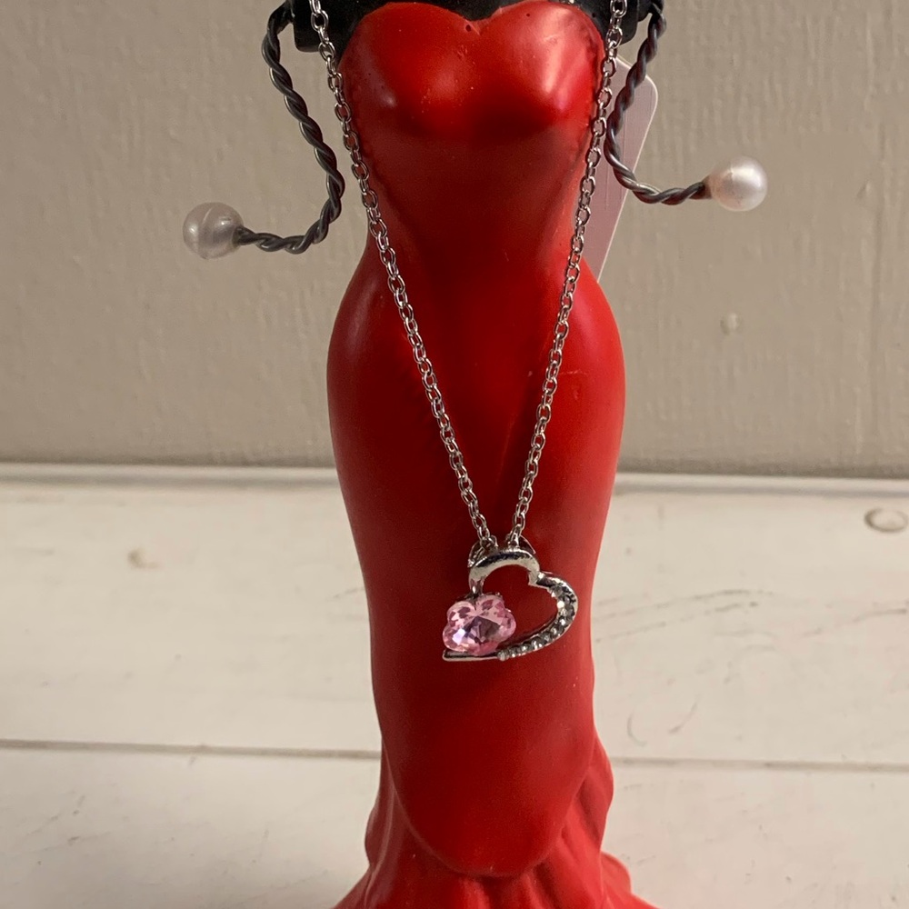 Heart Pendant Necklace with Pink Floral Shaped Gemstone and Faux Diamond Accents